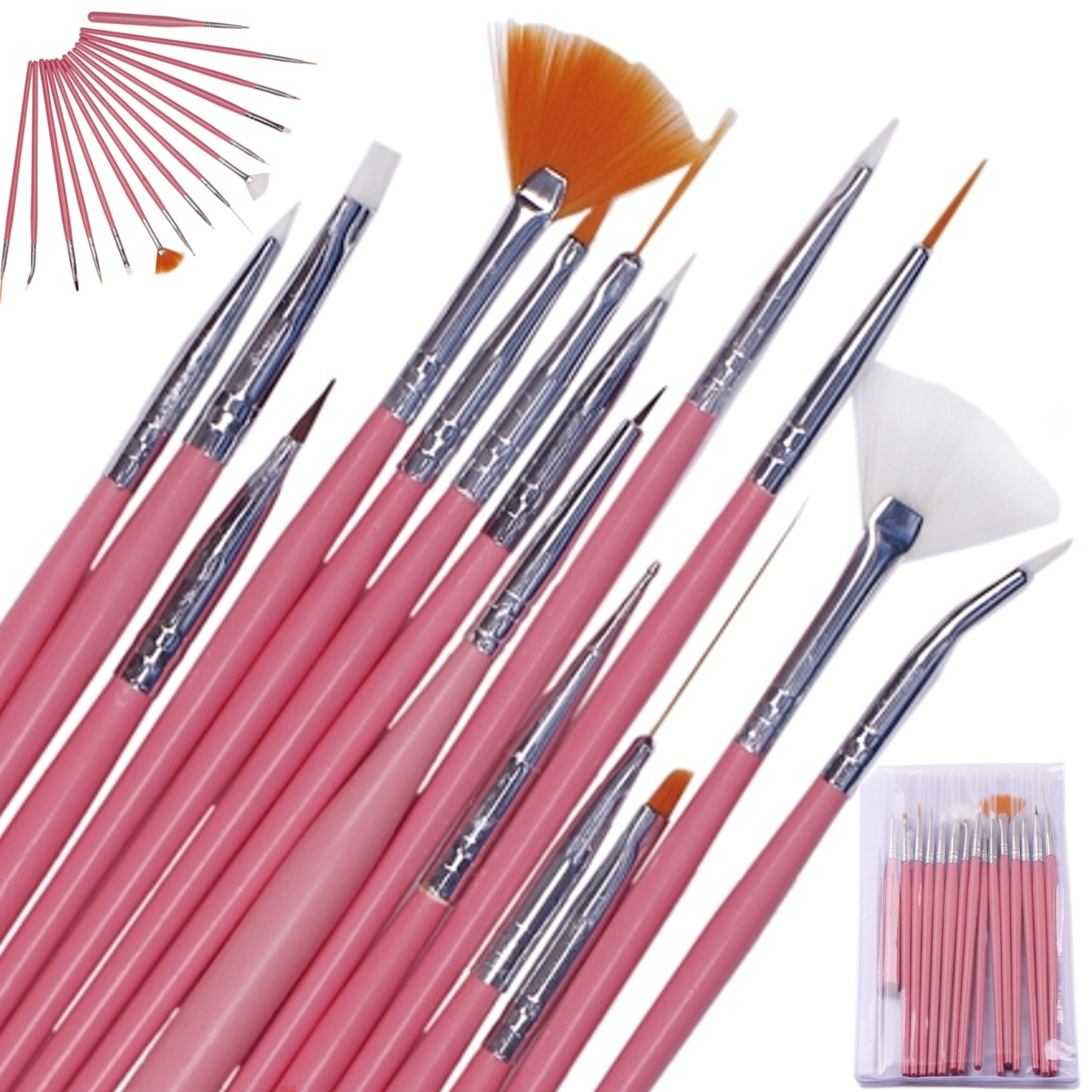 Multi use BRUSH SET for Nails, Makeup, Crafts, Art, etc. NEW pink 15 piece set