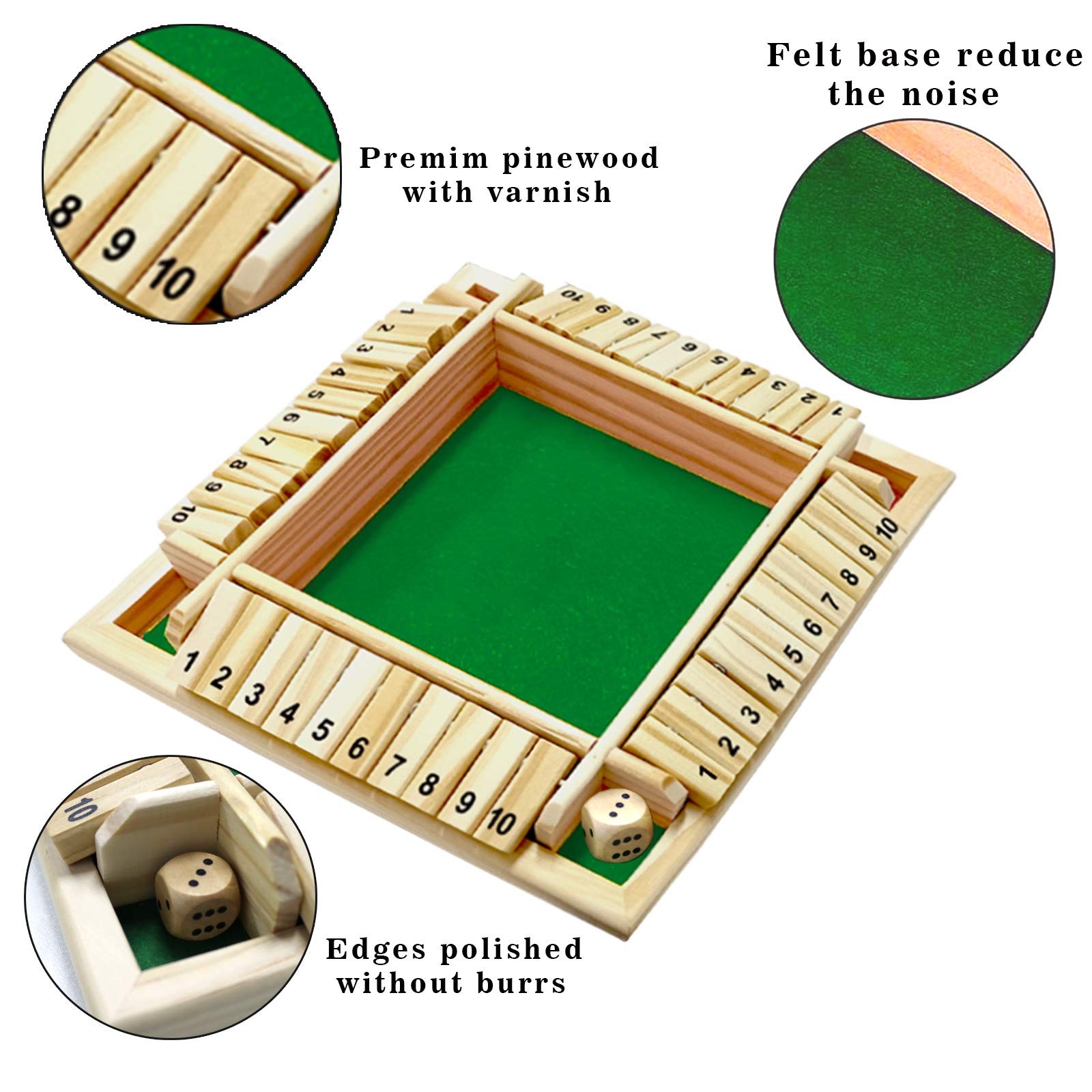 DC-BEAUTIFUL Shut The Box Dice Game, 2-4 Players 8.9” x x 0.6”, Green