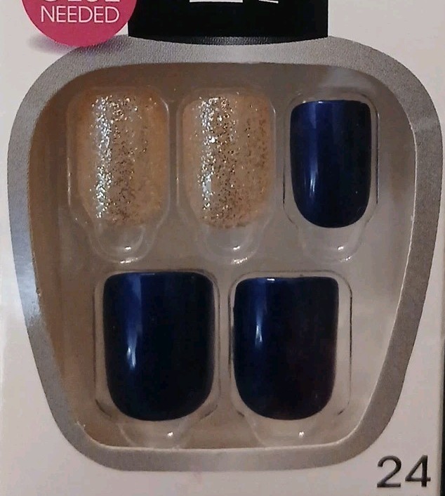 Kiss Press-On Manicure 24 Short Square Tip Nails- Royal Blue Gold Glitter Accent