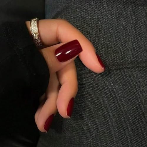 30 PCS Wine Dark Red Press on Nails Short Medium square glossy wine red