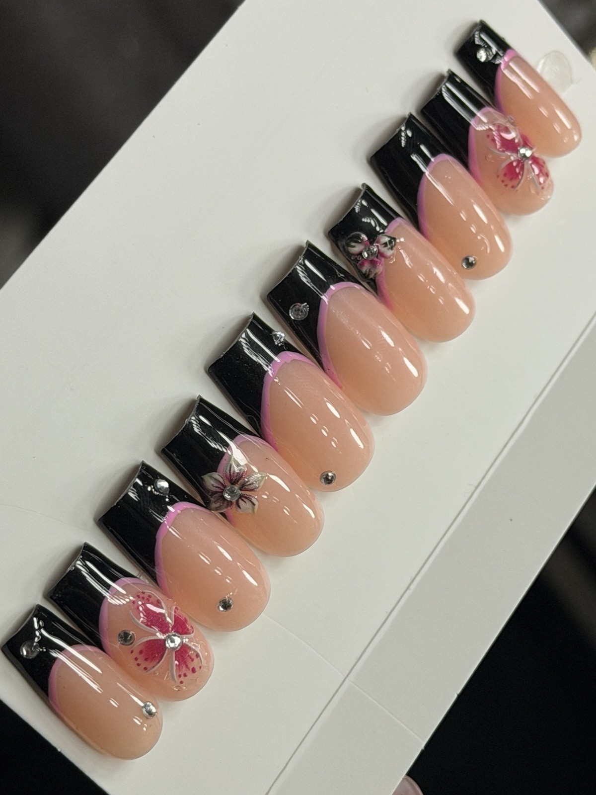 🌸 CUSTOM Press On Nails FRENCH BLACK Flower PINK 10p SET W Kit