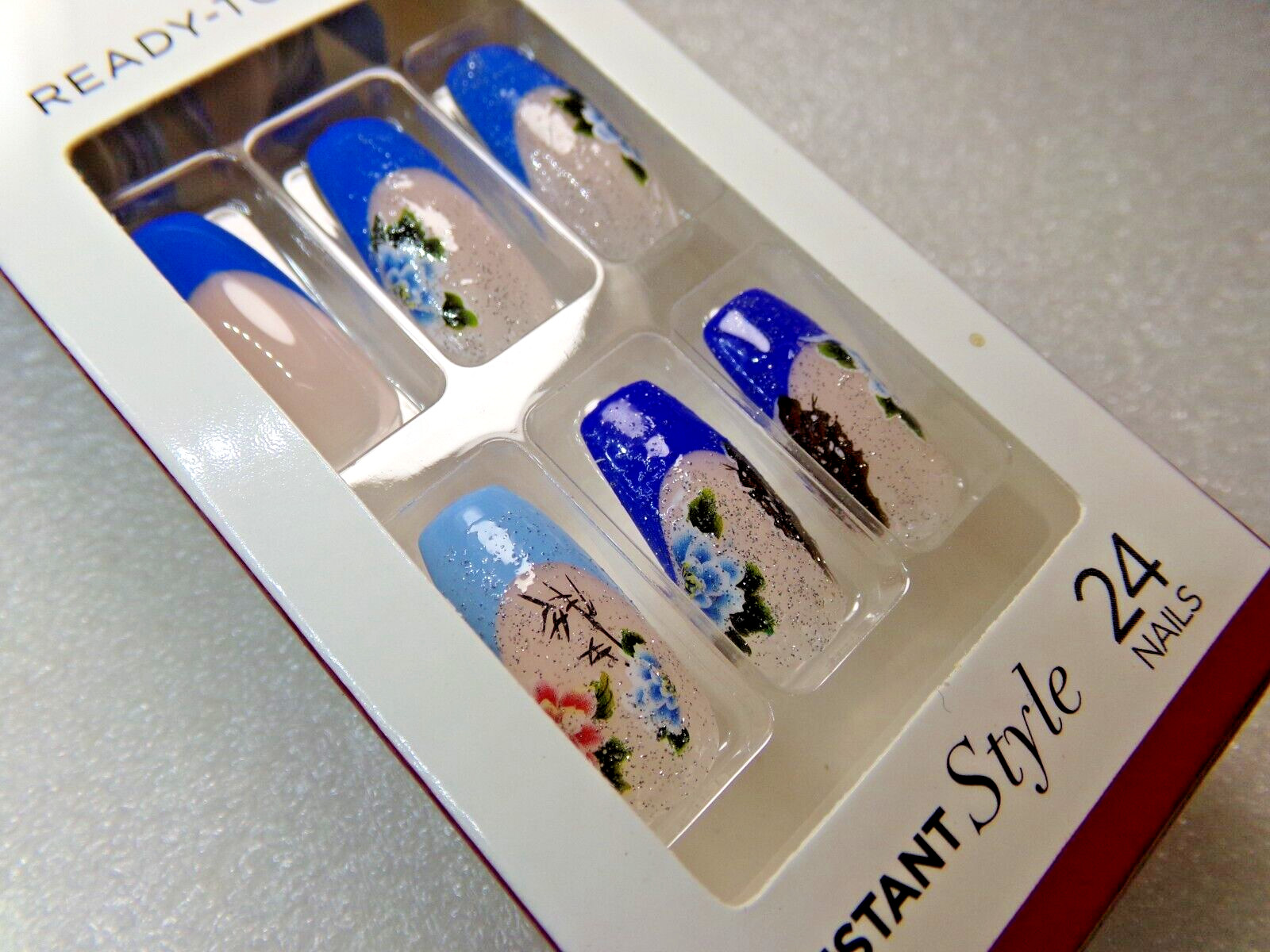 KISS NAILS GLUE ON Shiny Blue French with Flowers LONG LENGTH, COFFIN SHAPE