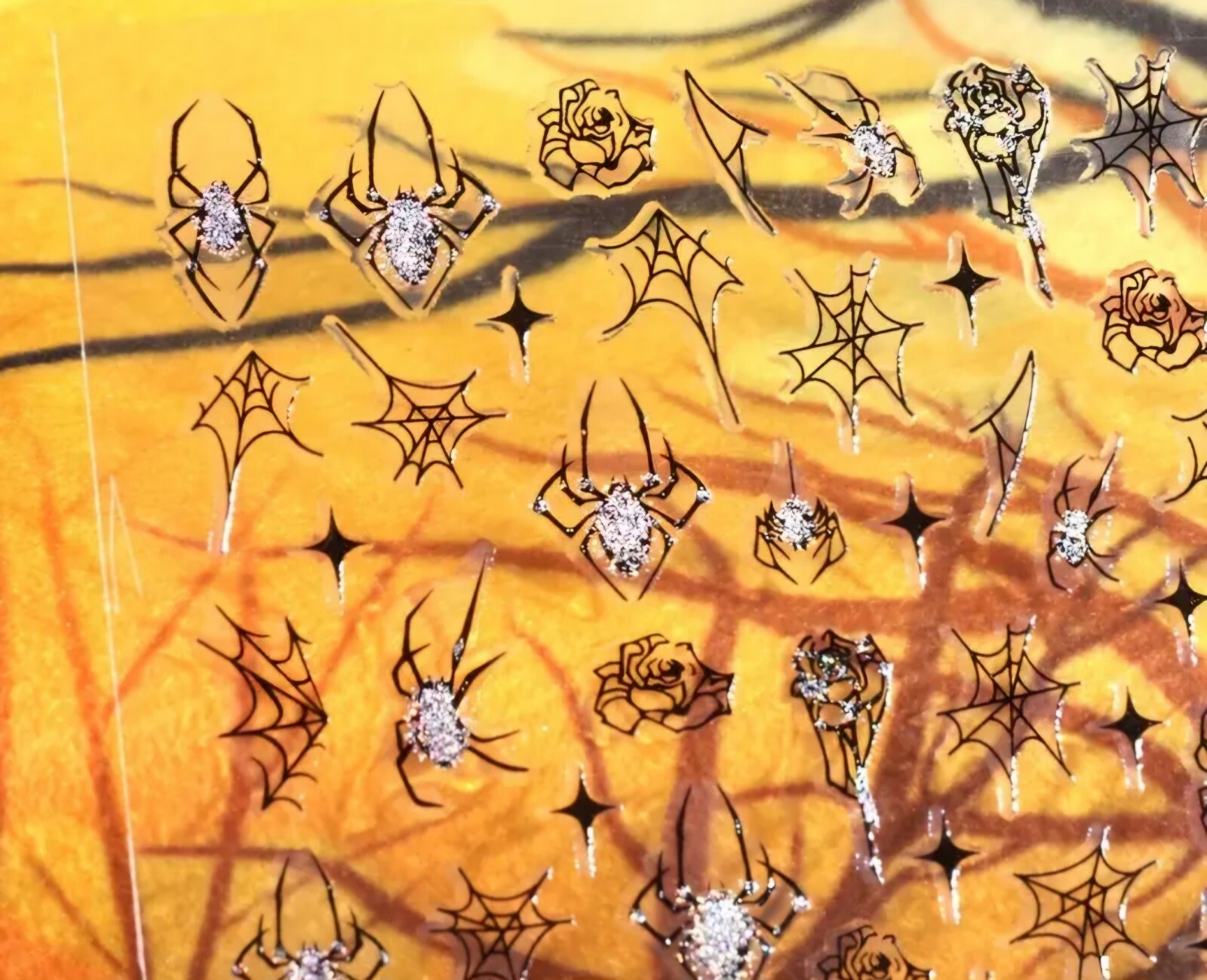 Halloween Nail Art Transfer Stickers Red Silver Spooky Spiders Roses Spider Webs