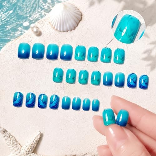 Blue Teal Gradient Press on Nails Short Square Fake Nails Ocean Wave Square-03