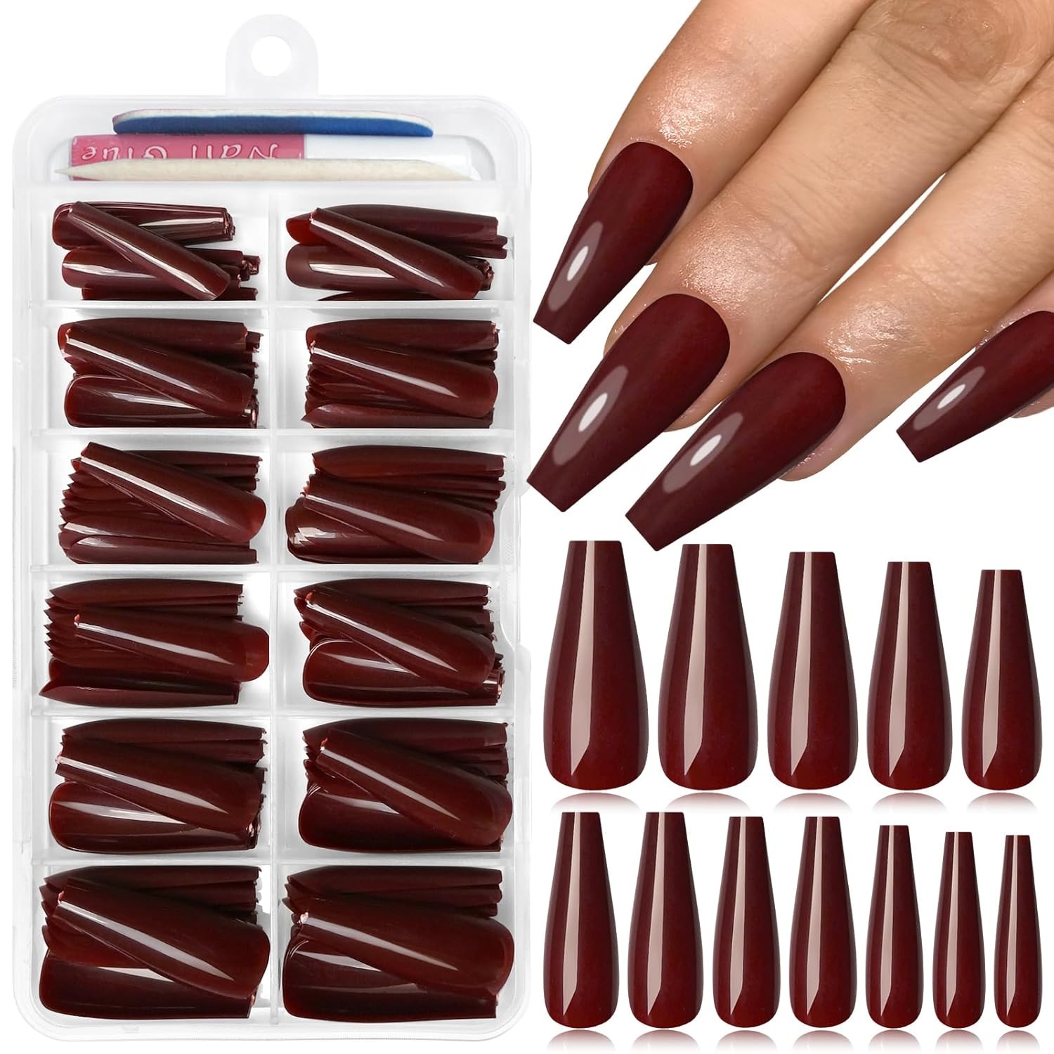 120PC Burgundy Coffin Press on Nails Long Fake 12 sizes, Wine Red