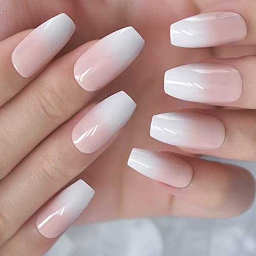 Ombre Pink Coffin French Fake Nails Ballerina Gradient Press On Coffin L5539