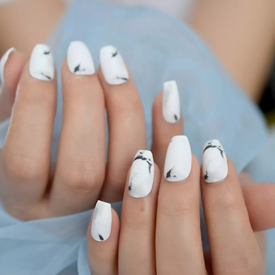 24 Matte White Marble Press on nails kit glue Classy black stone medium coffin