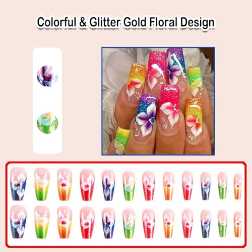 Coffin Press on Nails Medium Long Colorful Neon Fake Nails with Glitter Gold