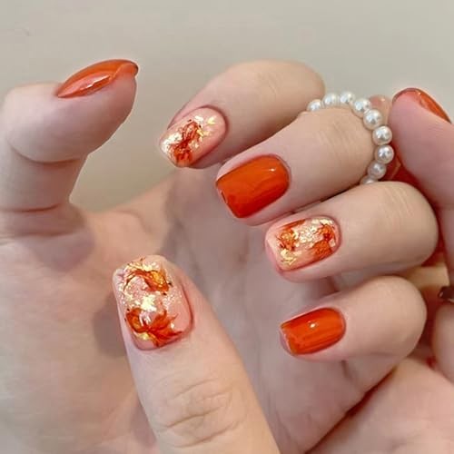 Orange Press on Nails Short Square Fake Nails 1 Fl Oz (Pack of 24) Style 19