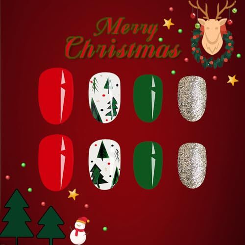 Christmas Press on Nails Short Oval Fake Nails Green Christmas Tree False A7