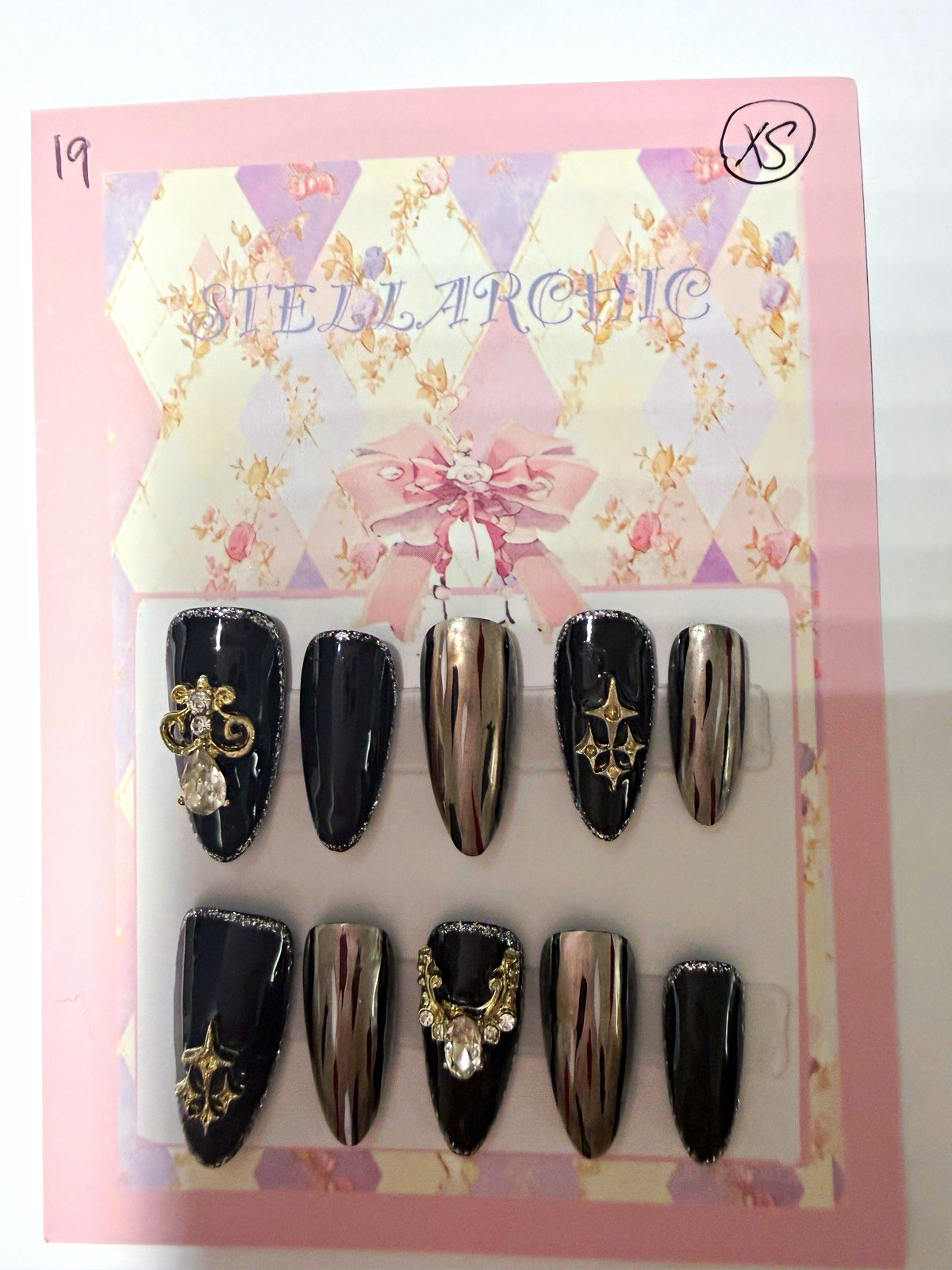 XS size Shiny Black & Silver Cross Extra Short Coffin hand made Press-On