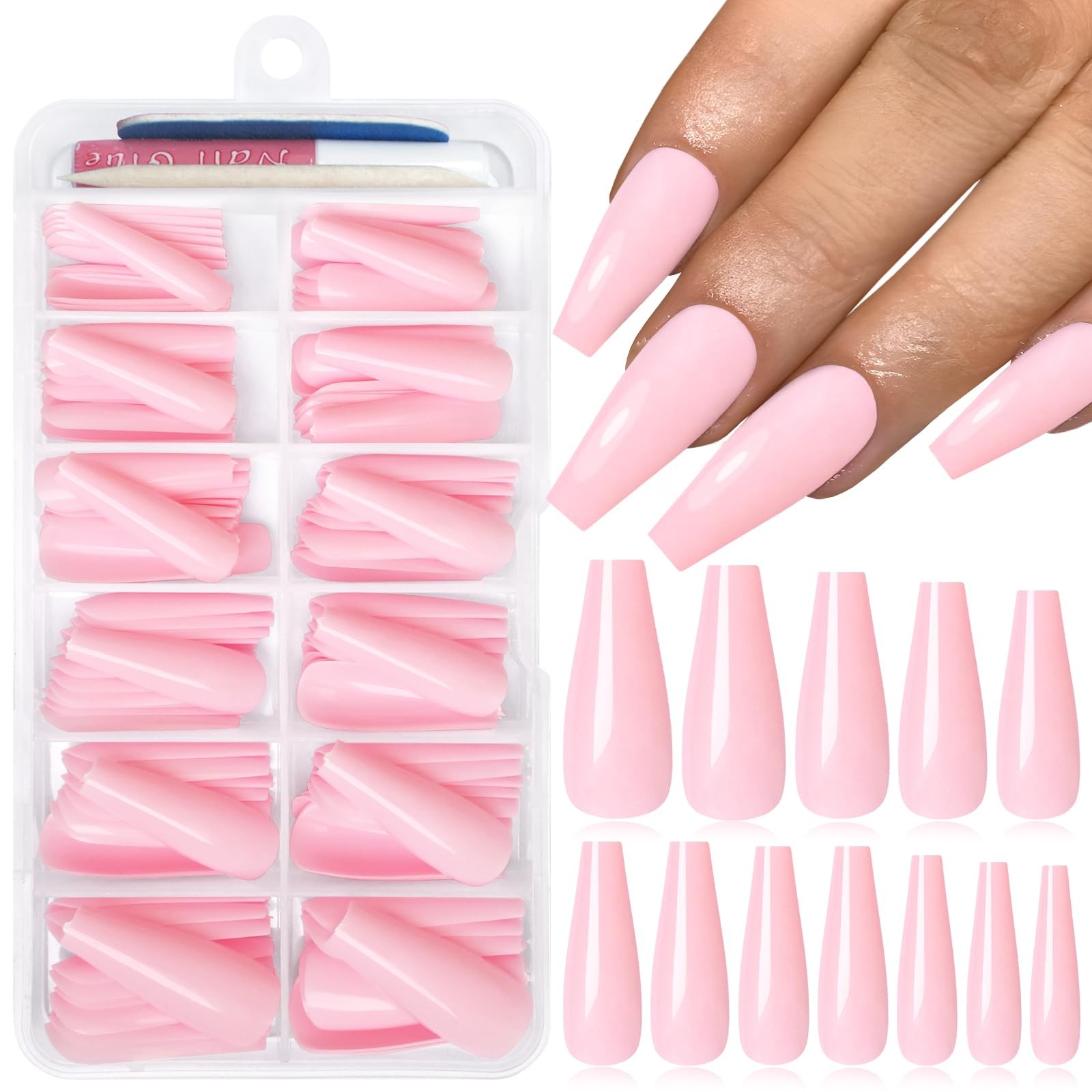 120PC Pink Coffin Press on Nails Long Fake Nails Press ons with Glue Nail Adh…