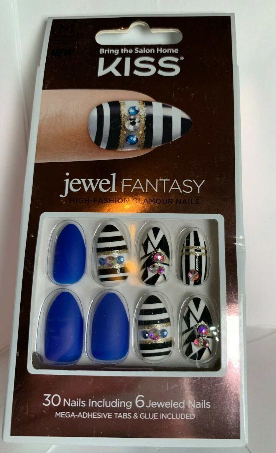 Kiss Nails Jewel Fantasy Press or Glue Manicure Medium Gel Blue Almond Blk/Wht