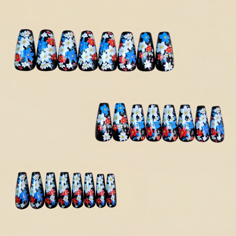 48 Pcs of Medium To Long Ballet Nail, Blue Plant Flower, Fashionable Fake Nail