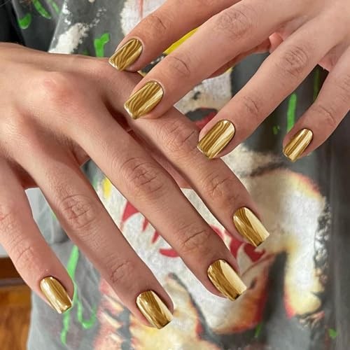 Light Gold Chrome Press on Nails Short Medium Square, Mirror False gold-medium