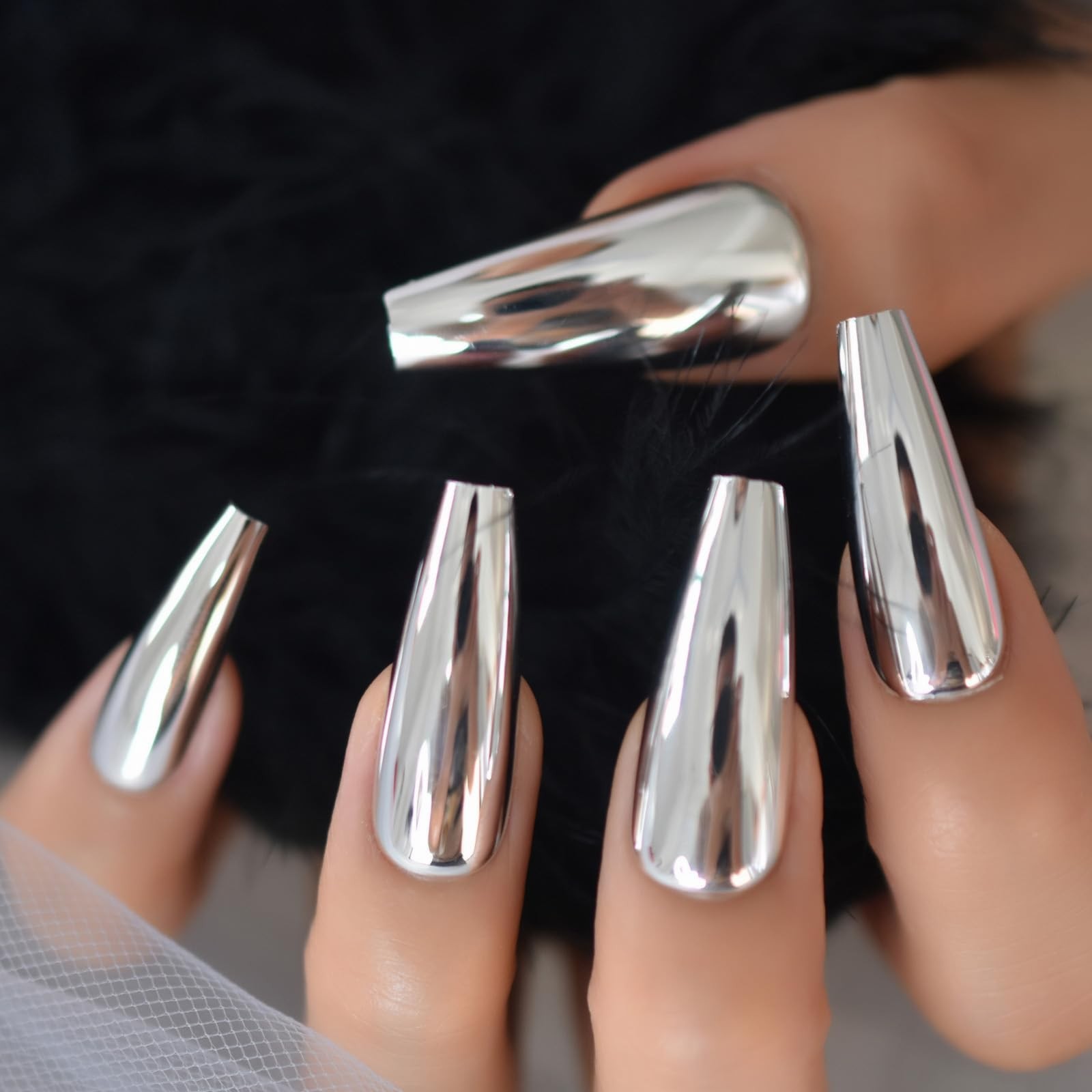 Super Long Shiny Punk Style Silver Coffin Ballerina Press on False Nails Meta…