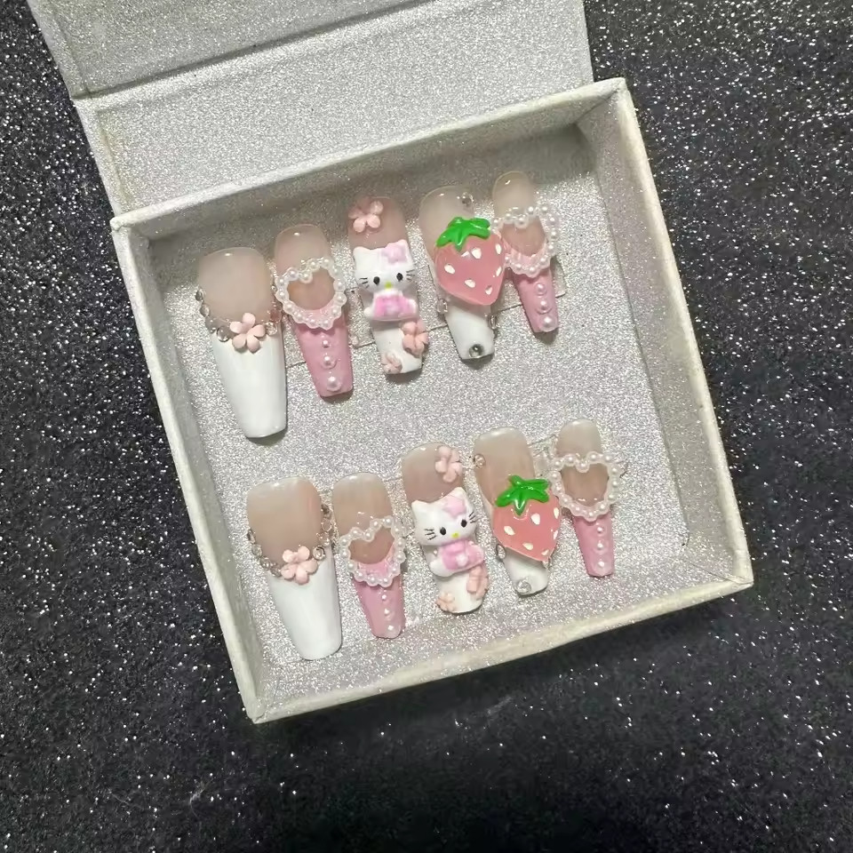 Handmade Press on Nails, Hello Kitty, Made to order ” Pick Length & Shape “.