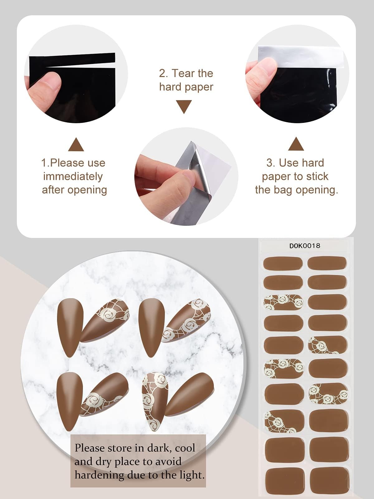 40PCS Gel Nail Polish Strips, Kalolary Brown Rose Full Cover Gel Nail Stickers