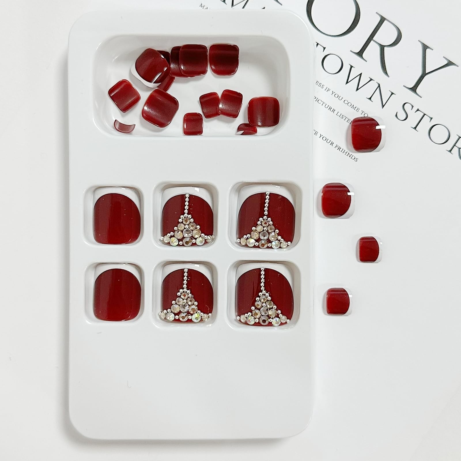 Red Press on Toenails French Tip Fake Toenail Rhinestone False Nail for Toe R…
