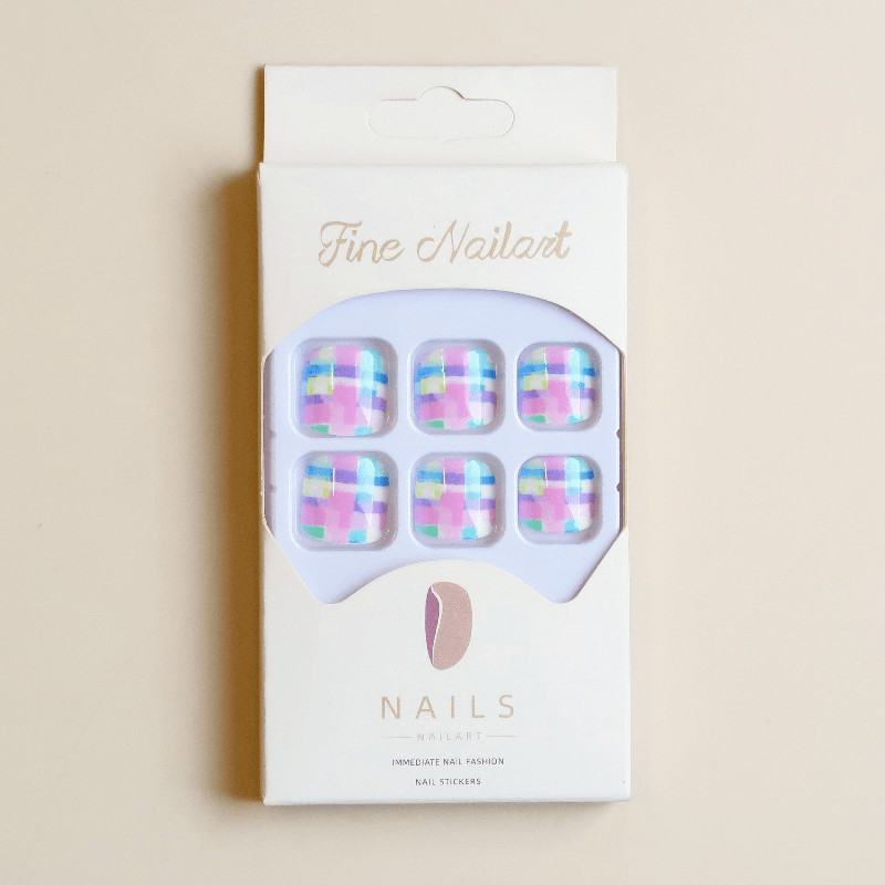 48 Pcs Rainbow Plaid Toe Short Square Press on Nails, Bright Vacation Fake Nails