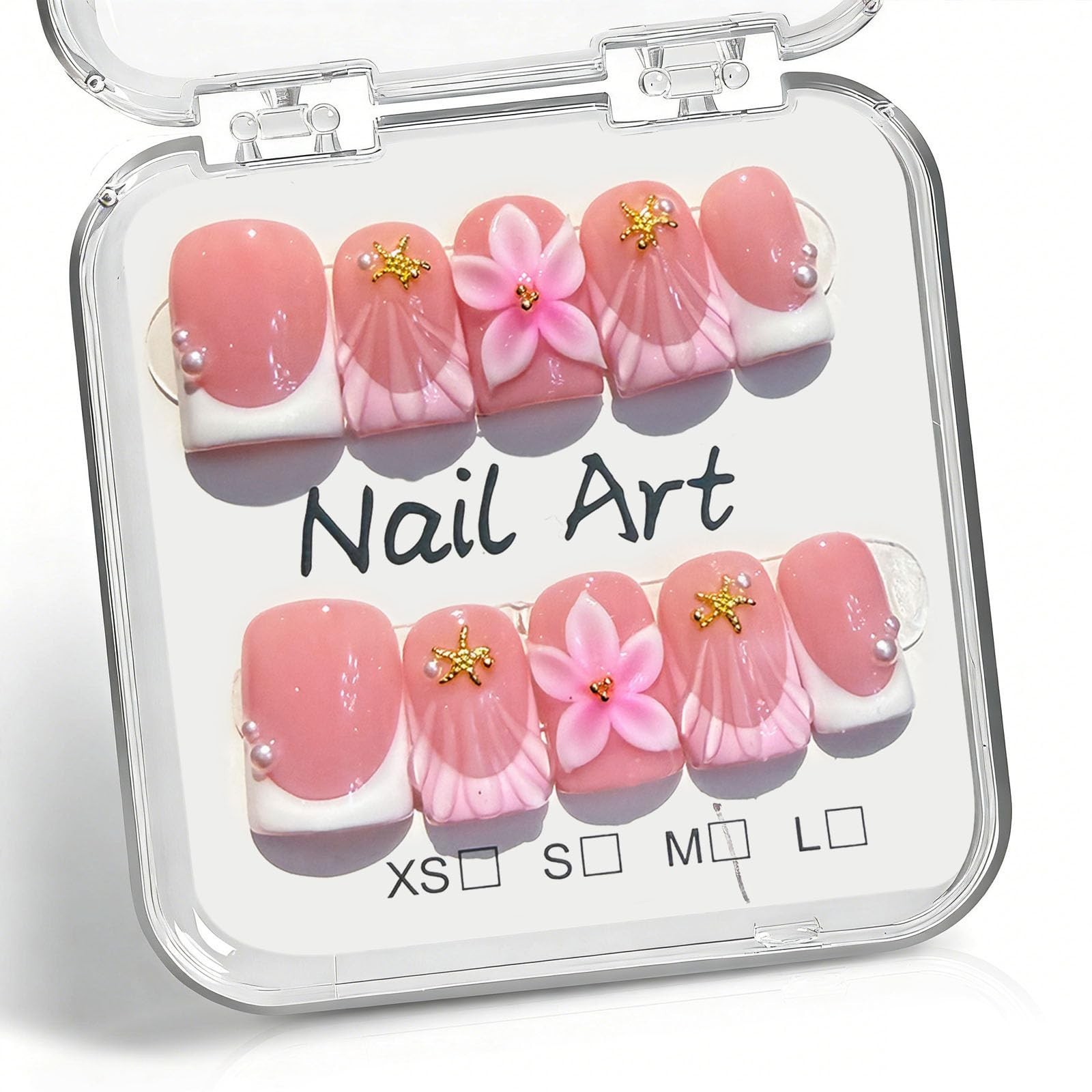 10 Pcs Pink Handmade Press-On Nails Short Square M Size 3D Flower Nail Art, Gift