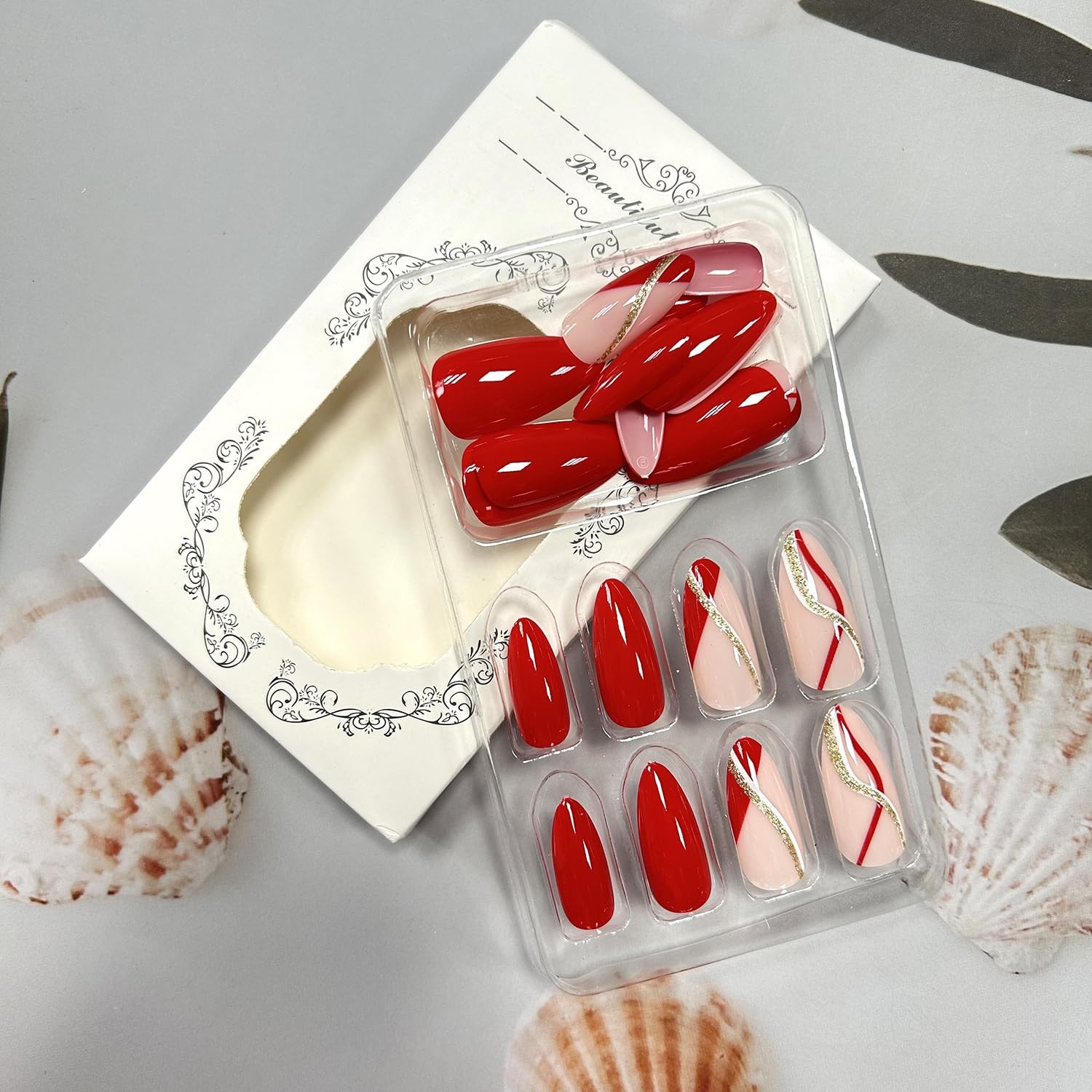 Press on Nails Medium Almond Shaped False Nails Artificial Acrylic Nails Gold…