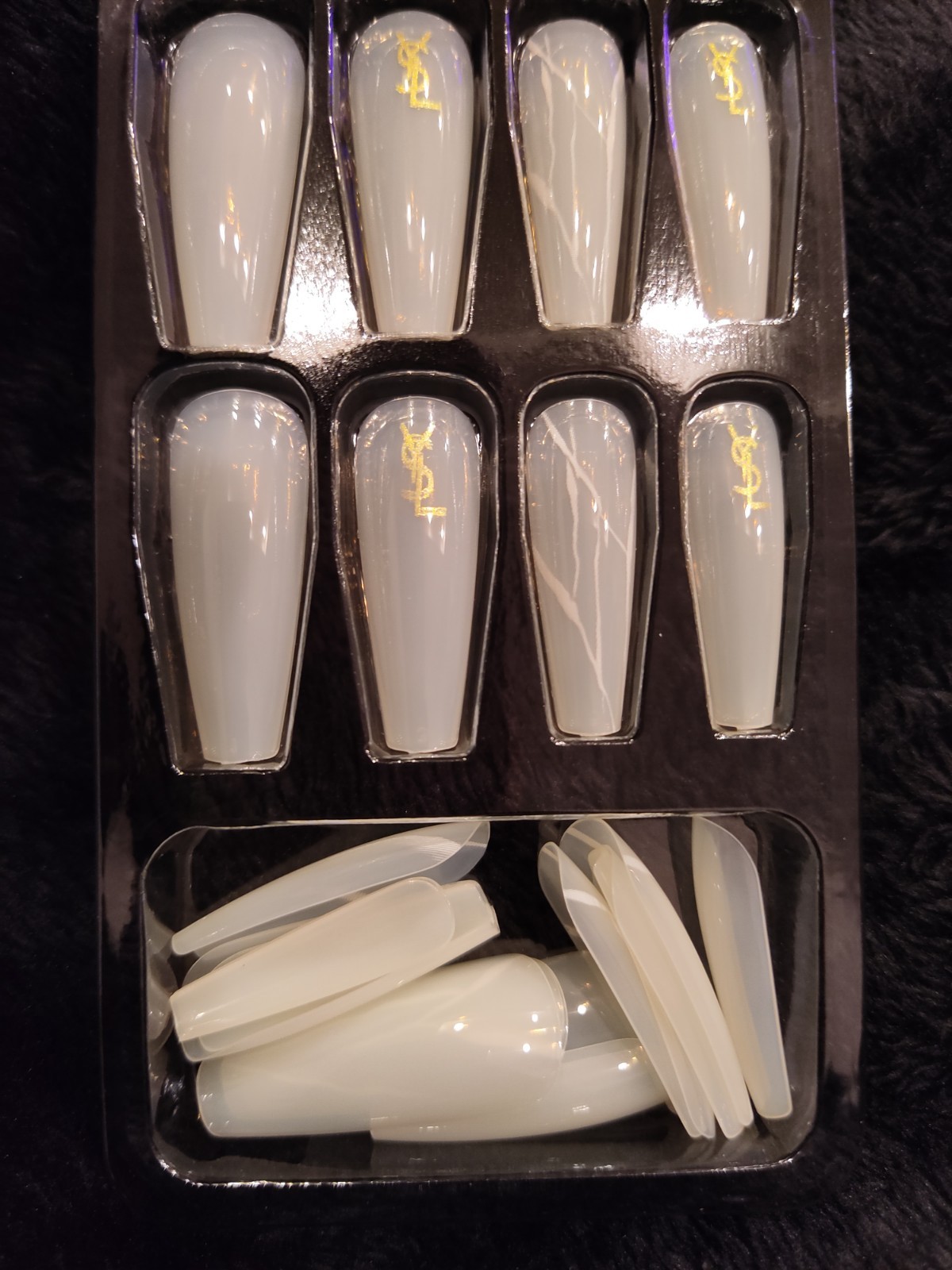 White Gold Salon Press On Nails Luxury Logo Design Long Coffin Ballerina Glossy