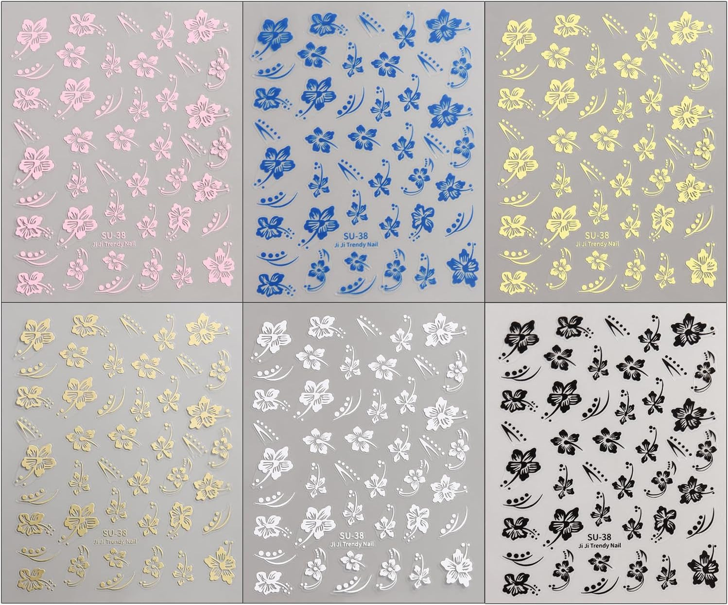 Hibiscus Flower Nail Stickers, 6PCS Hibiscus Flowers Nail Decals 3D Self-Adhesiv