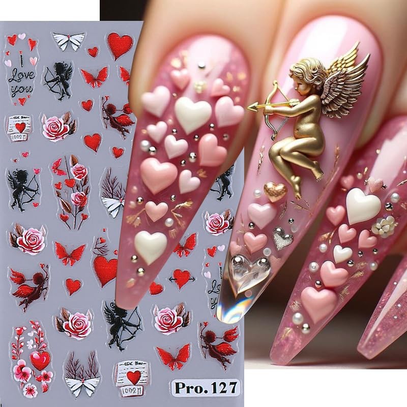 Valentine’s Day Nail Art Stickers Decals 5D Embossed Angel Heart Nail Style1