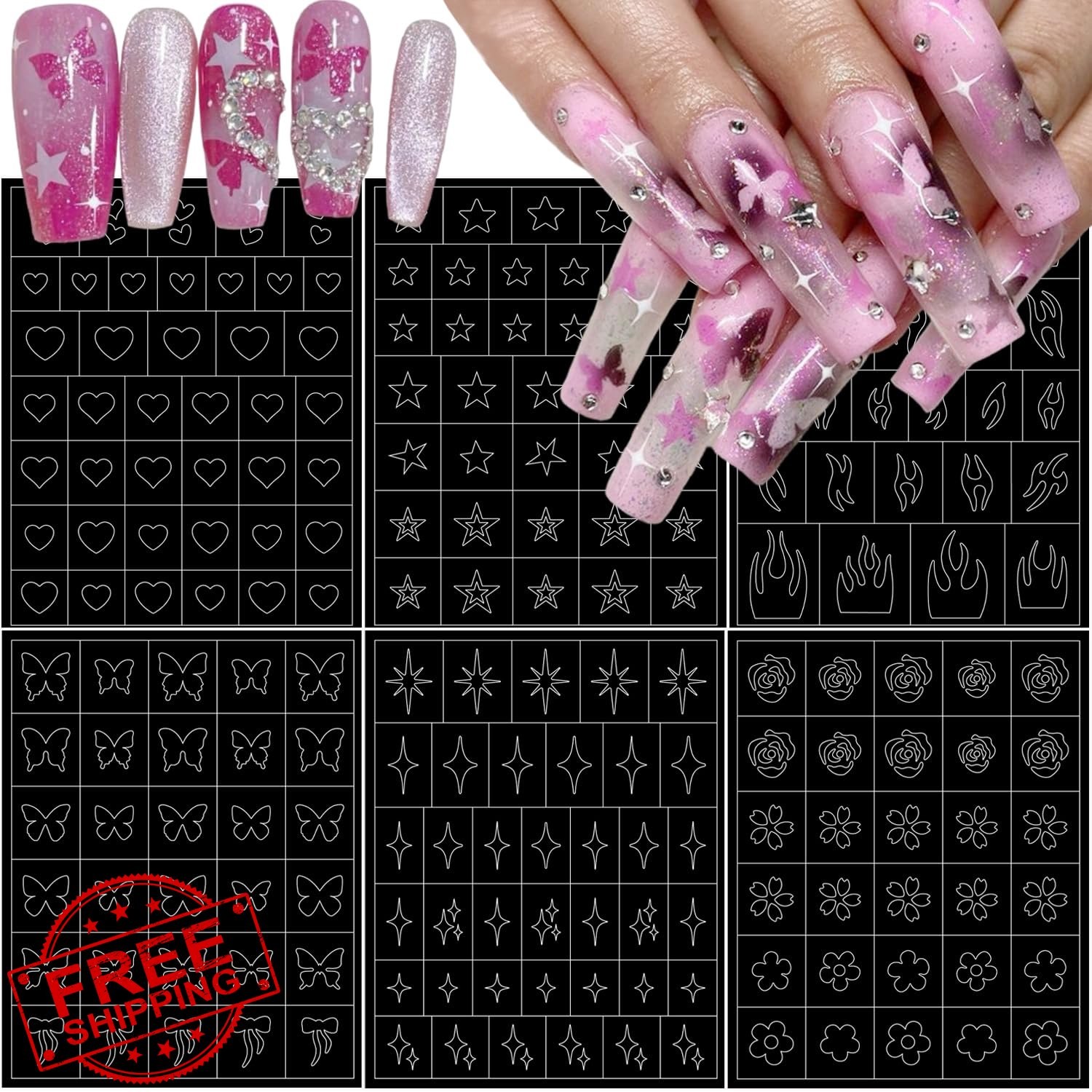 BMKKOT 6pcs Airbrush Stencils Flame Heart Star Nails