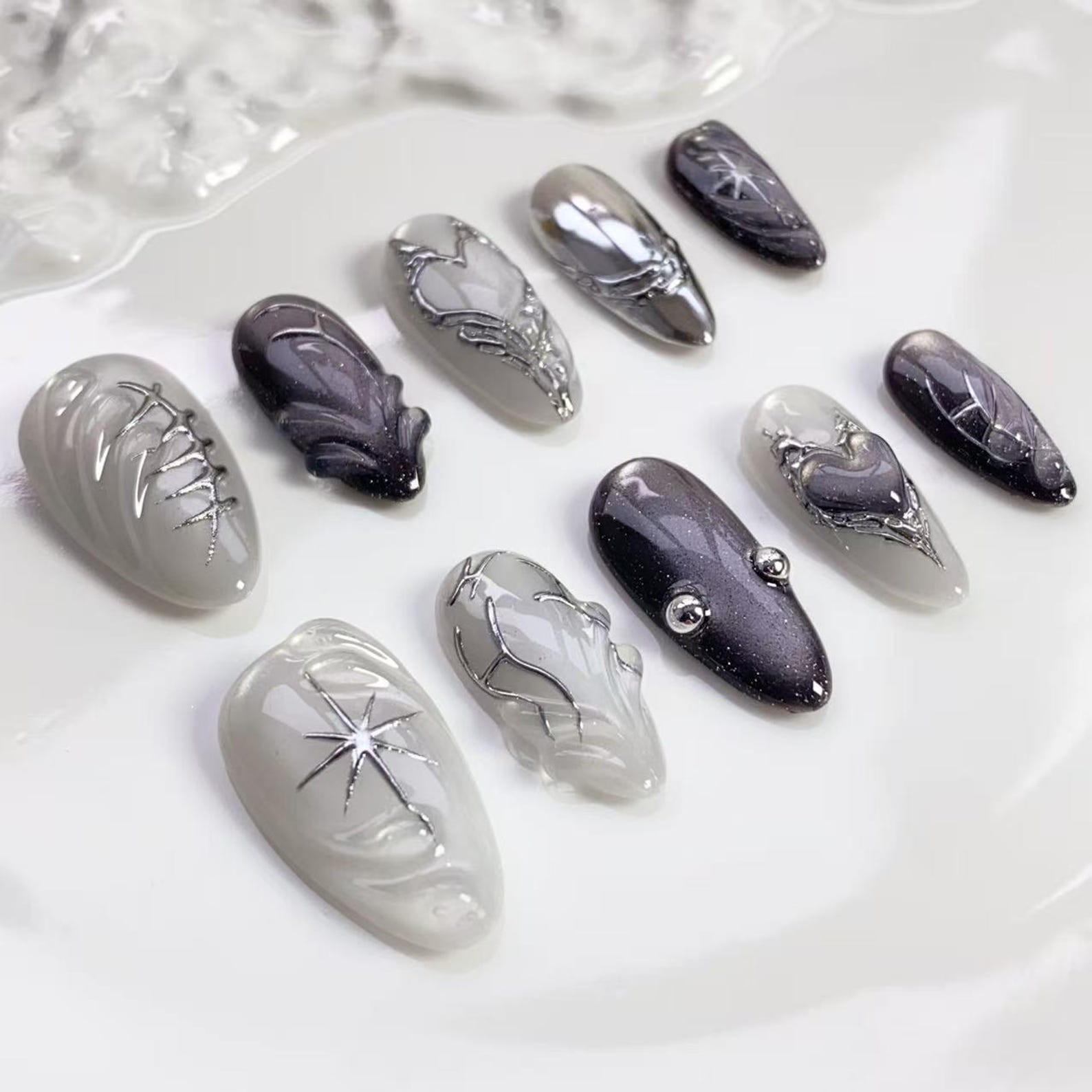 Handmade Dark Purple Silver Metal Heart Star Medium Almond Press on Nails