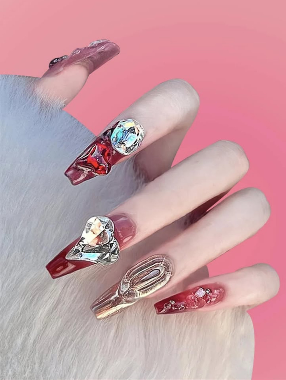 Red Heart Rhinestones Gems Long Press On Nails NEW Valentine’s Day Winter Style