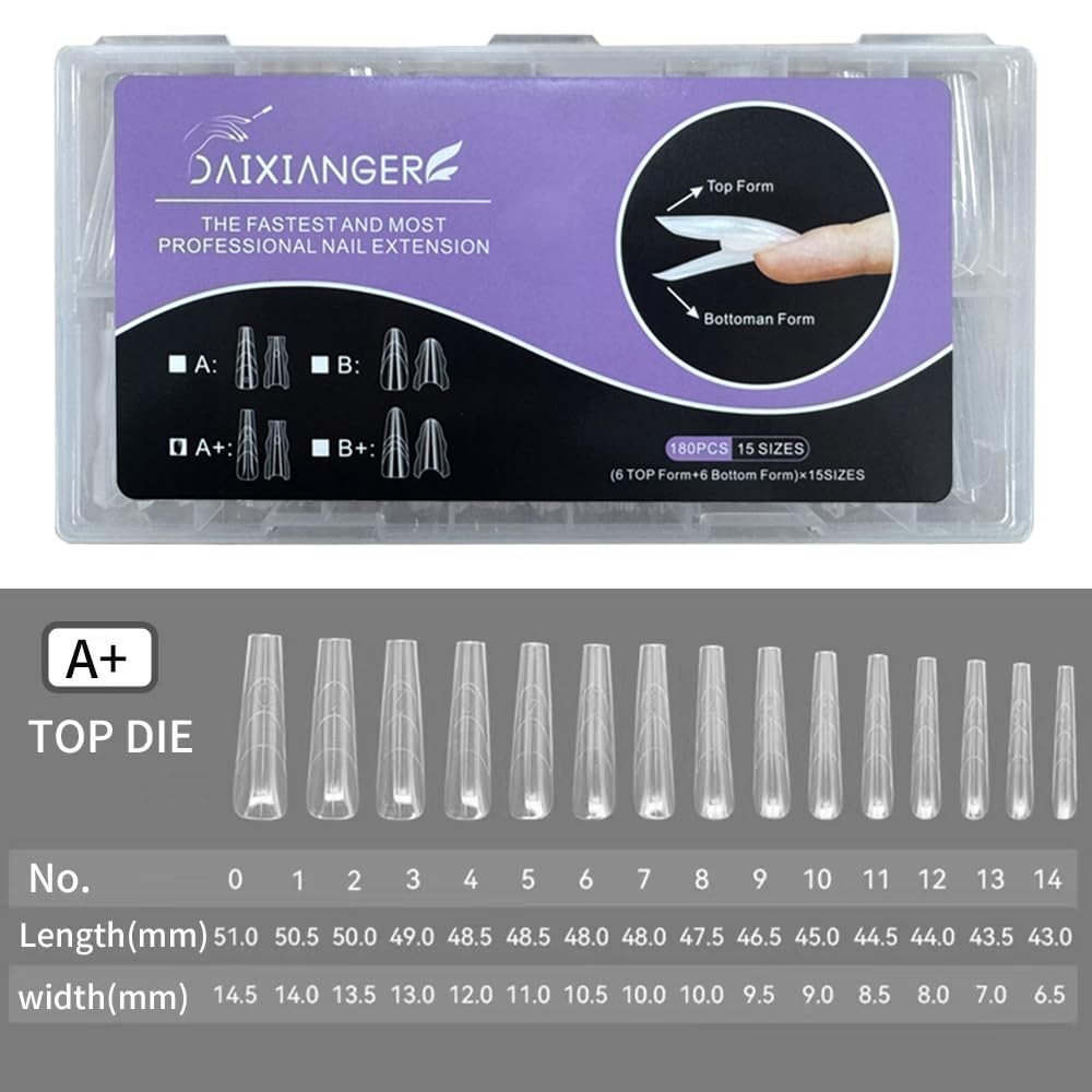 180Pcs Dual Form Nail Extension Tips, 15 Sizes Clear Tapered Dual Mold Nail T…