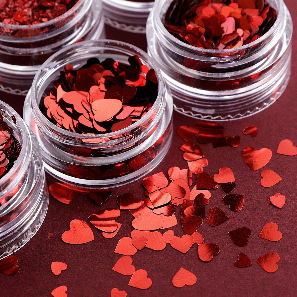 6 Pots Red Nail Art Powder Sequins Set for Valentine’s Day Glitter Flakes DIY De