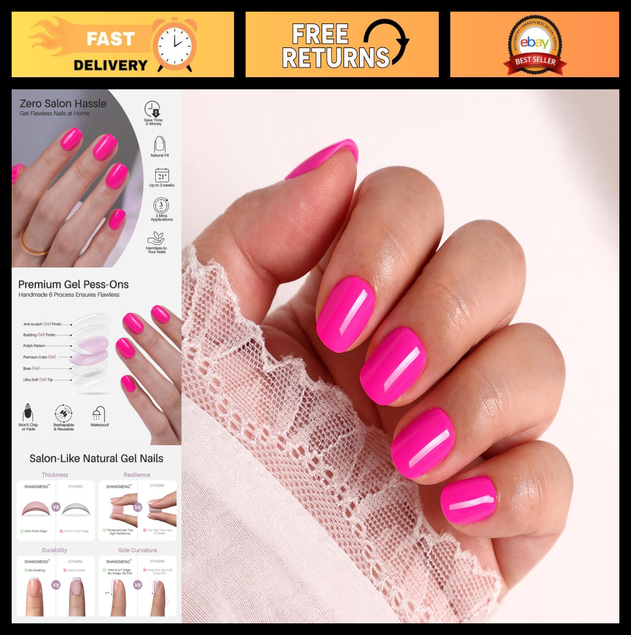 Hot Pink Extra Short Press on Nails – Glossy Squoval Gel Nails, 32 Reusable Kit,