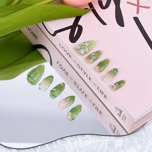 30pcs Green Press on Nails Medium Almond Fake Nails With 3D Flower Handmade-1