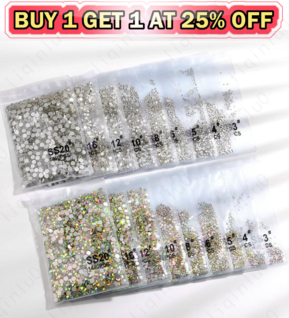 1440PCS SS3-SS12 White AB Color Rhinestones Gems Glitter Nail Art Decors