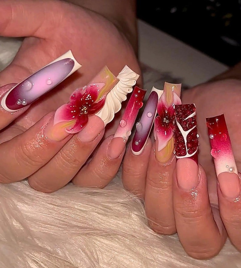 Gorgeous Orchid 3D Flower Press On Nails Square Pomegranate Fake Nails Custom
