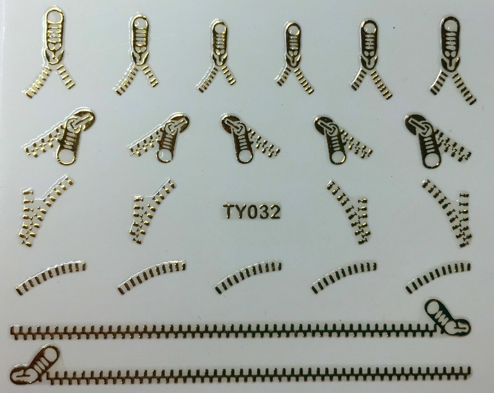 Nail Art 3D Decal Stickers Metallic Gold Zippers TY032
