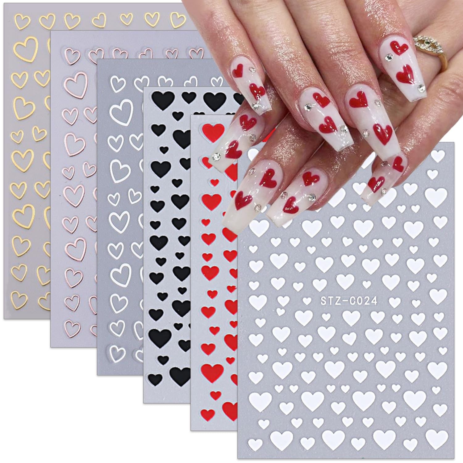 6 Sheets Valentines Nail Stickers 3D Heart Nail Art Stickers Decals Black Whi…