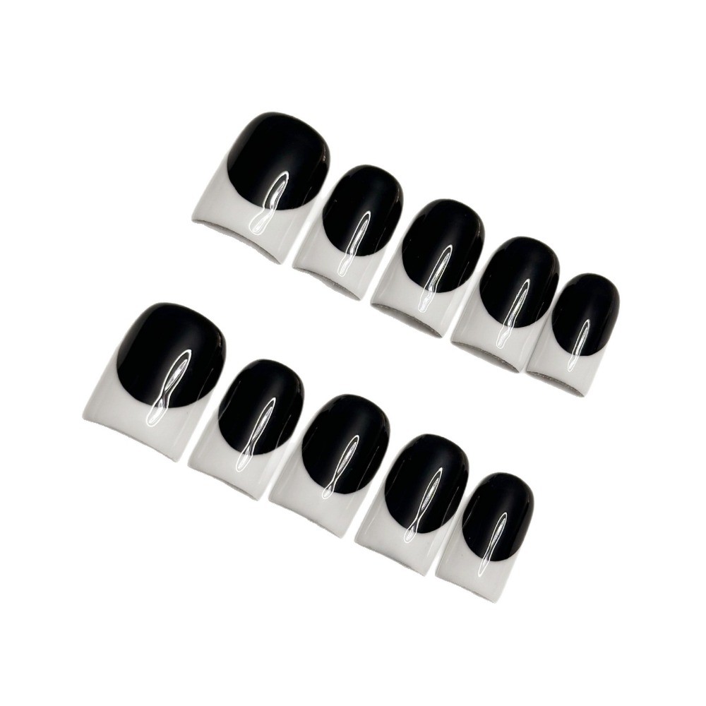 10pcs Black White French Press on Nails Short Square Fake Nail Art Tips
