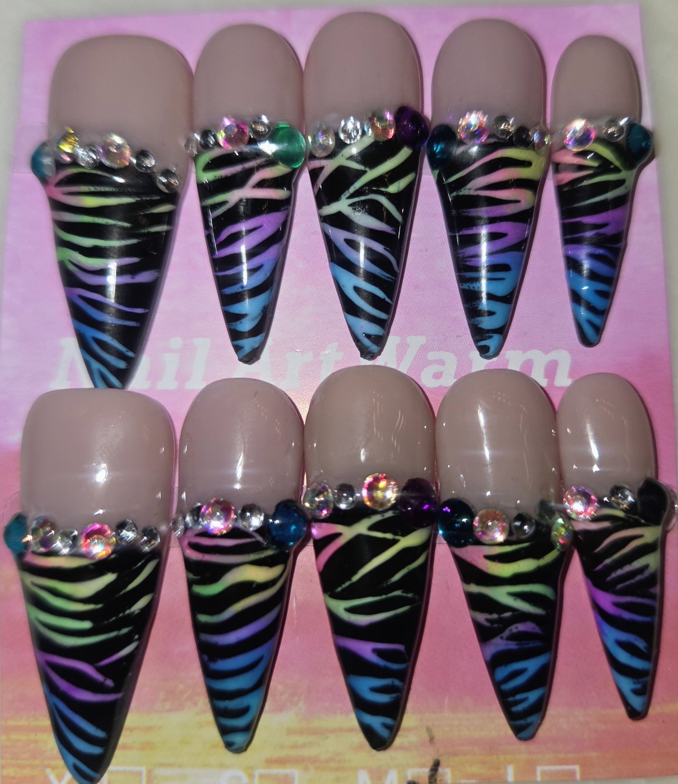 Stiletto Lisa Frank Black Multicolor Zebra print 3D Rhinestone Nails-M