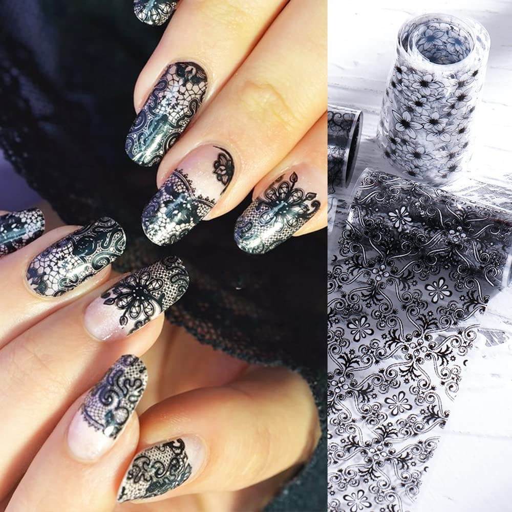 Lace Nail Art Foil Transfer Stickers Black White Flower Foil Transfers Decals…