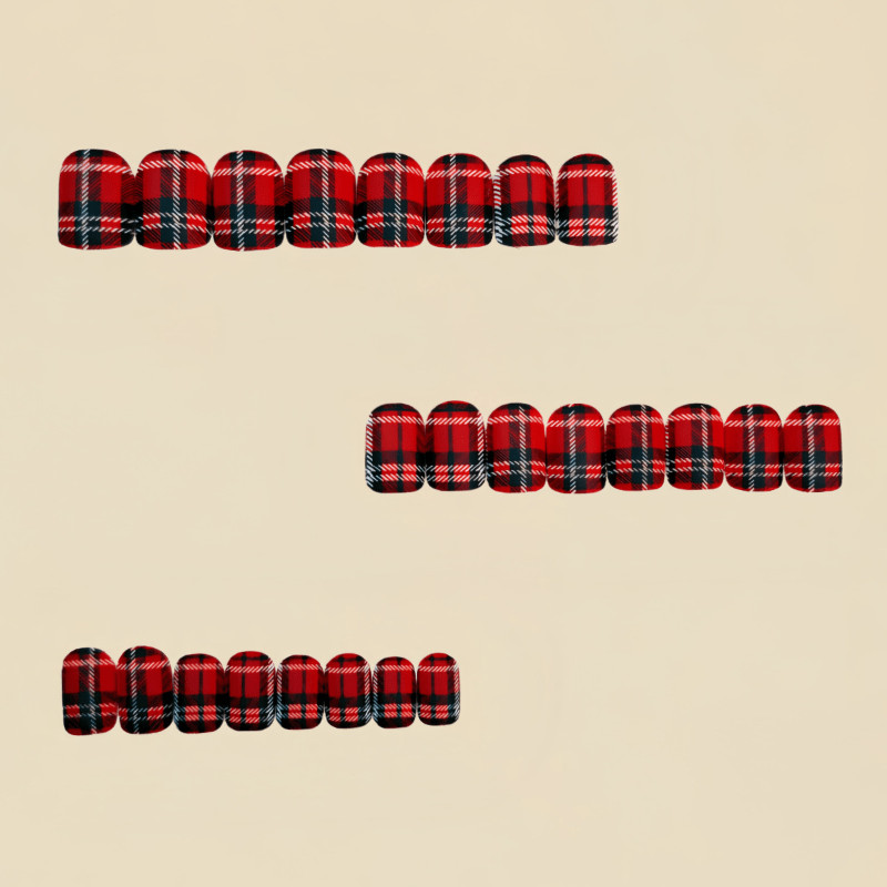 48 Pcs Red Plaid Short Square Press on Nails, Vintage Preppy Nude Fake Nails