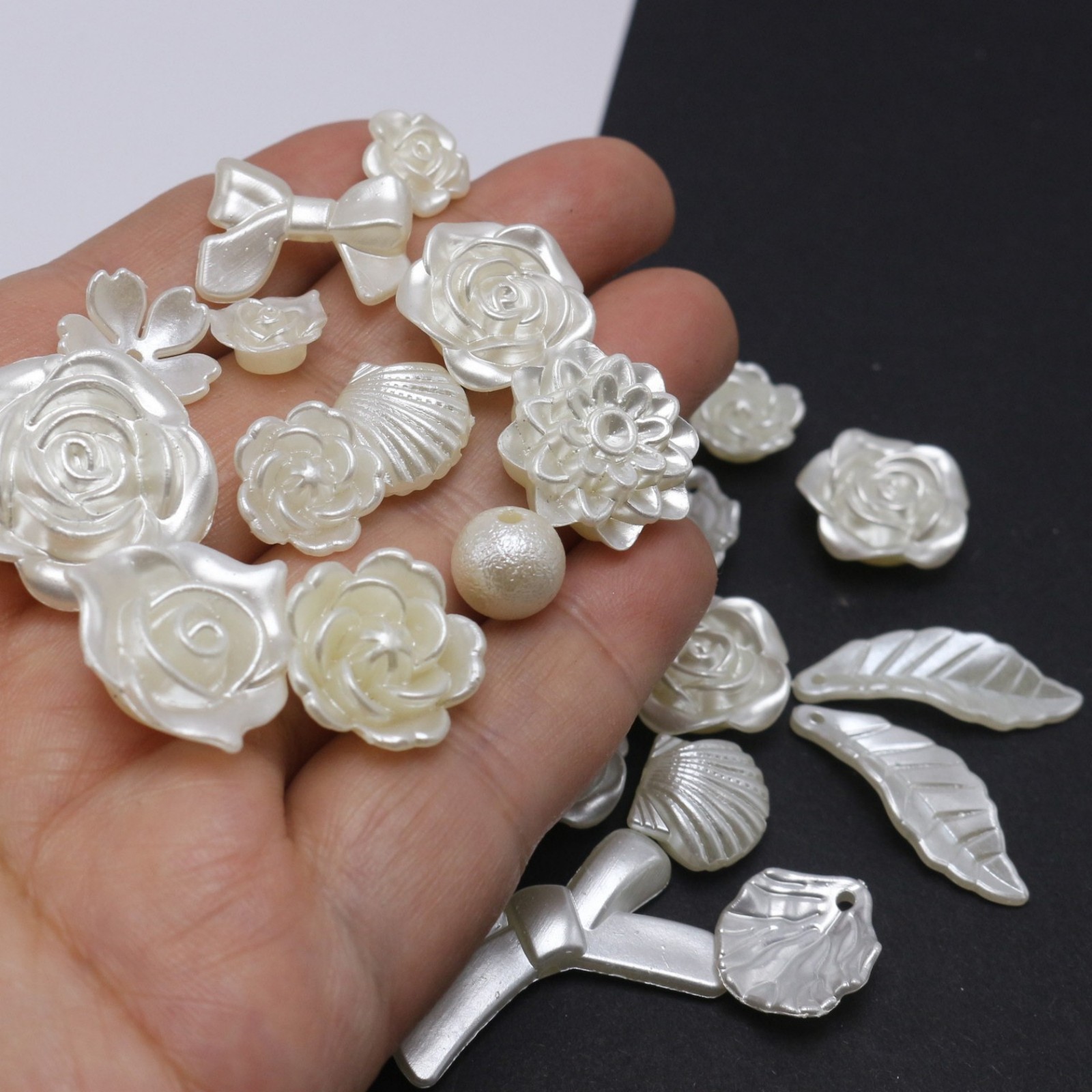 50pcs Mixed Baroque Pearl Beads Cabochons Flatback Flower Bows Leaves Cute Kawai