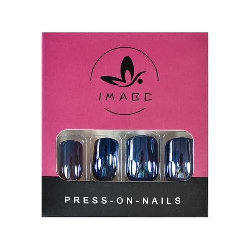 Glossy Metallic Dark Blue Mirror Press On Nails – Soild Color – Short Fake