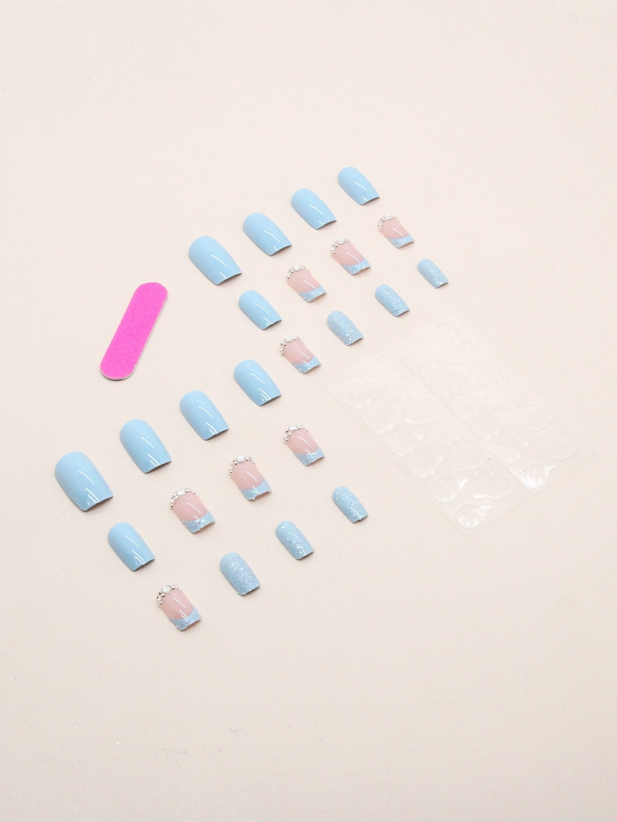 24pcs Short Square Sky Blue French Rhinestone Sequins Glitter Fake Nail
