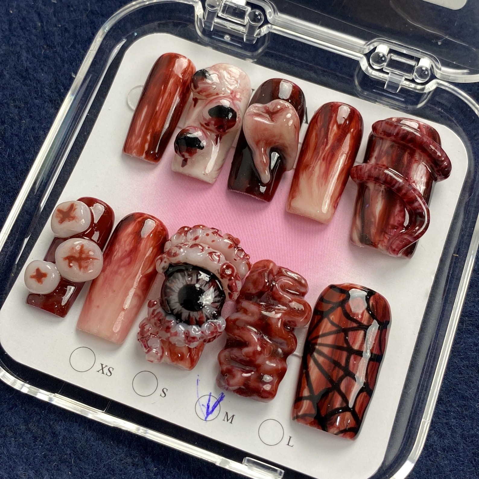Custom Handmade Horror Bloody Halloween Eyeball Tooth Worm Square Press on Nails