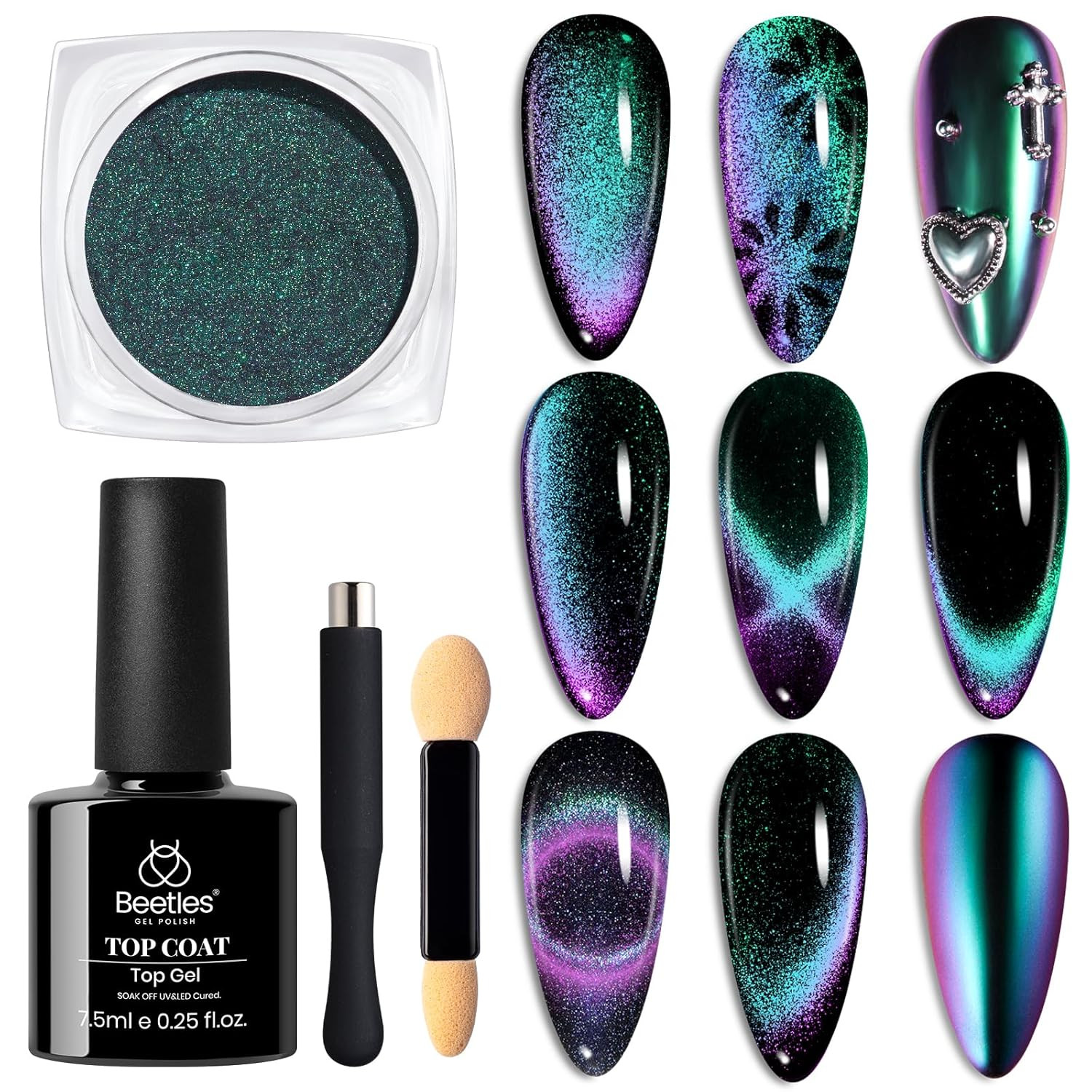 Cat Eye Chrome Nail Powder Set, 2 in 1 Holographic Effect | Chameleon Galaxy Pow