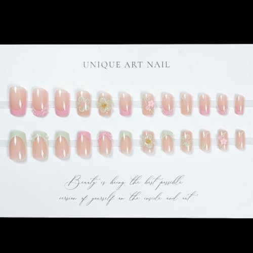 Shell French Tip Press on Nails Medium Square Fake Nails with Flower Style-25